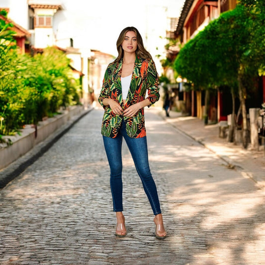 RED TROPICAL FLORAL OPEN FORNT 3/4 SLEEVE BLAZER