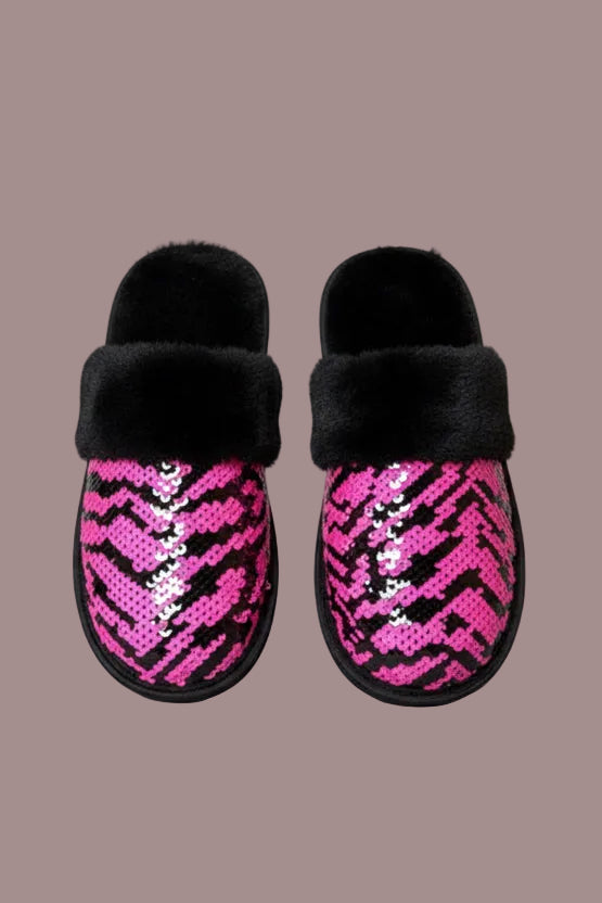 Zebra Faux Fur Sequin Slippers