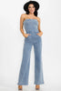 Strapless stretch wide-leg denim jumpsuit with pockets