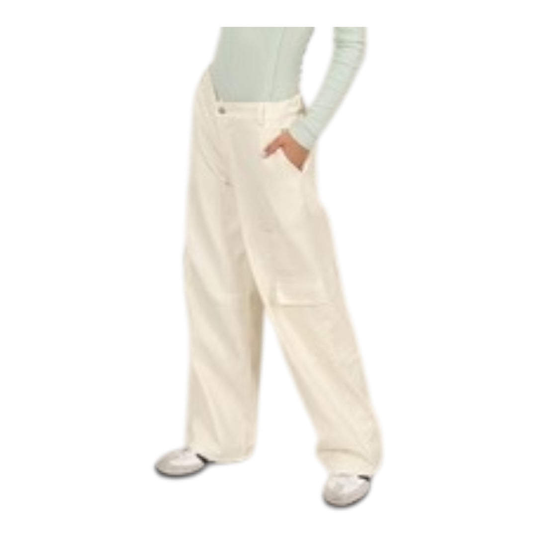 Cream Elastic Waist Wide - Leg Cargo Pants