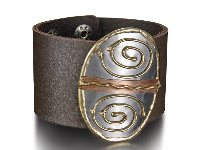 Handmade Genuine leather bracelet with Swirl mixed metals