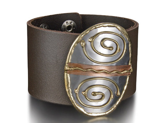 Handmade Genuine leather bracelet with Swirl mixed metals