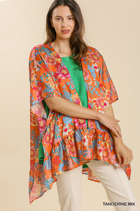 Floral Print Ruffle Sleeve Open Front Kimono with Side Slits
