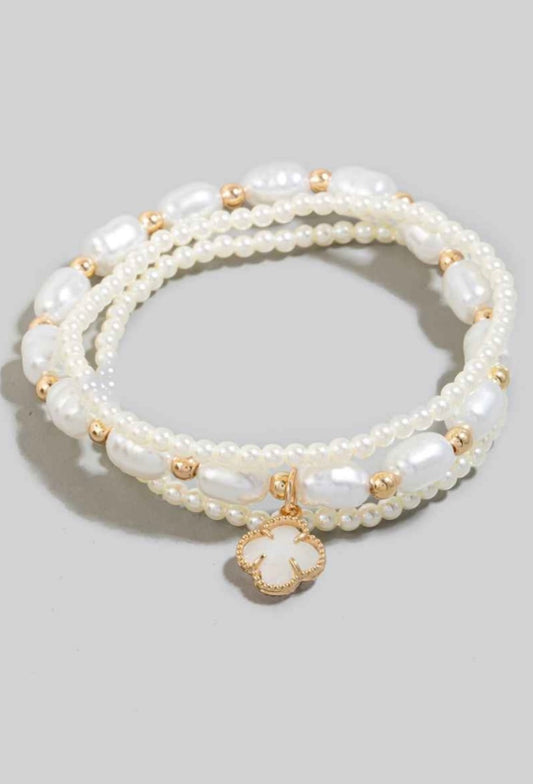 Glass Clover Charm Mixed Fresh Water Pearl Beaded Bracelet Set