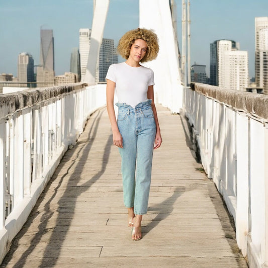 LT. BLUE BUTTON CLOSURE HIGH WAIST DENIM CROP PANTS