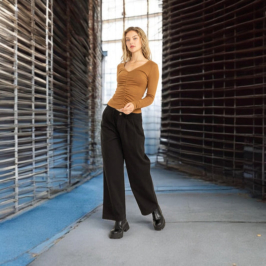 Black Pleated Mid- Rise Wide Leg Pants