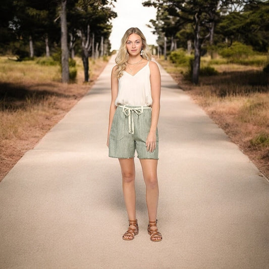 Lt. Olive Woven Twill Tape Bermuda Shorts w/ Raw Edge and Pocket