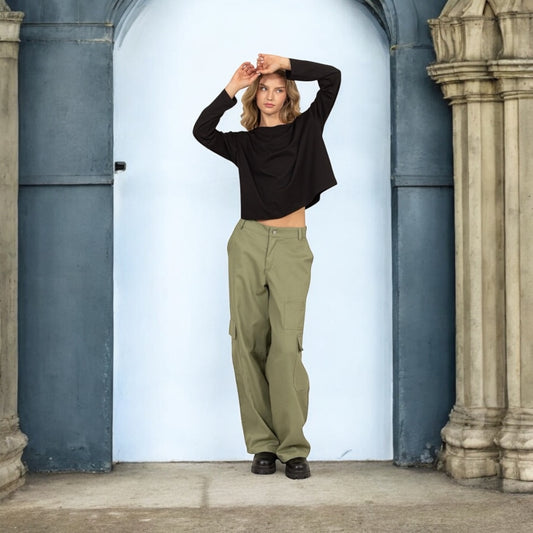 Olive Green Elastic Waist Wide - Leg Cargo Pants