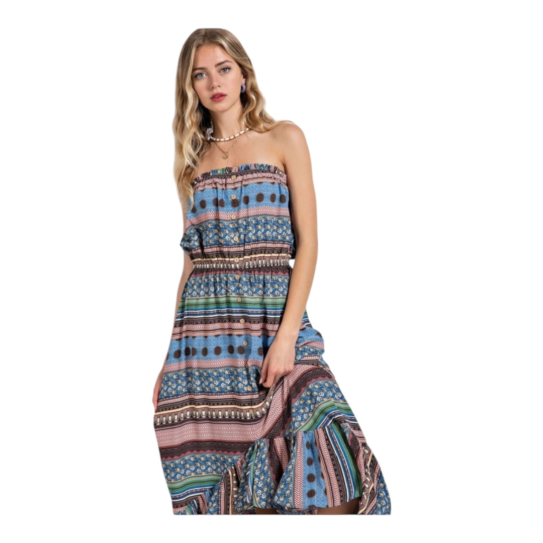 Gabby Sky Blue Mixed Print Button Detailed Tube Midi Dress