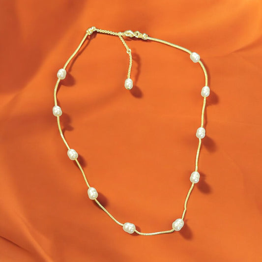 Gold Dipped Fresh Water Pearl Station Beaded Chain Necklace