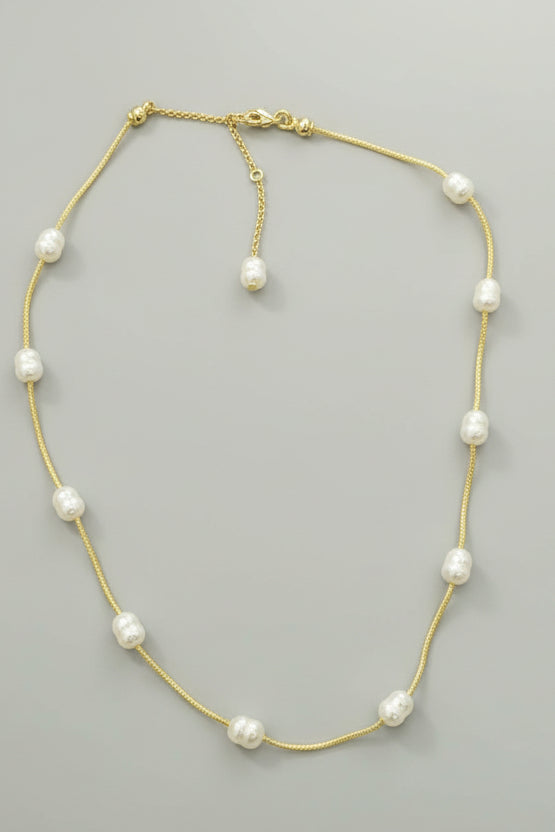 Gold Dipped Fresh Water Pearl Station Beaded Chain Necklace