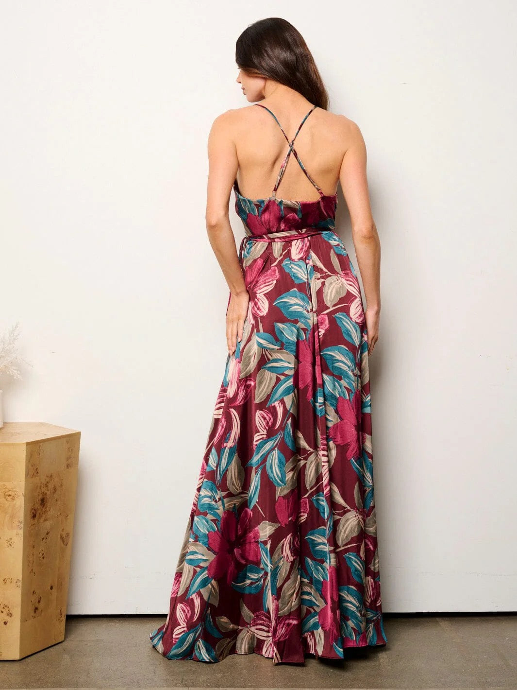 OPEN BACK FLORAL WRAP MAXI DRESS