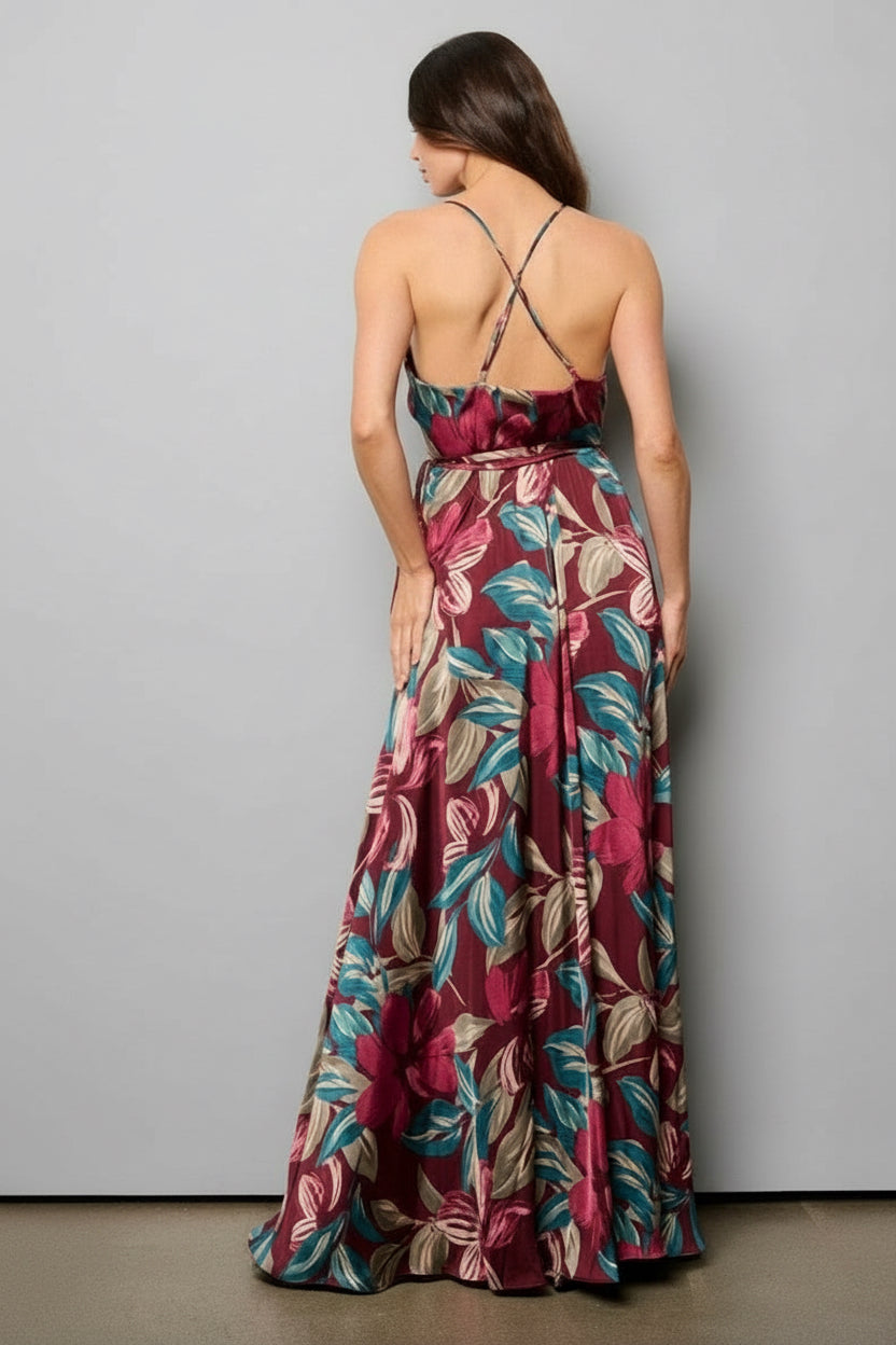 OPEN BACK FLORAL WRAP MAXI DRESS