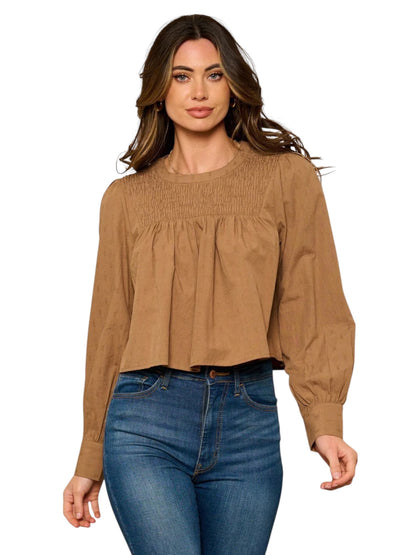 BROWN LONG SLEEVE SMOCK DETAILED TOP