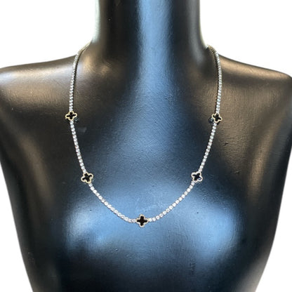 Black Shell Clover Station Charms Rhinestone Chain Necklace