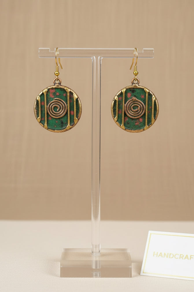 Brass copper round patina earrings in red and green