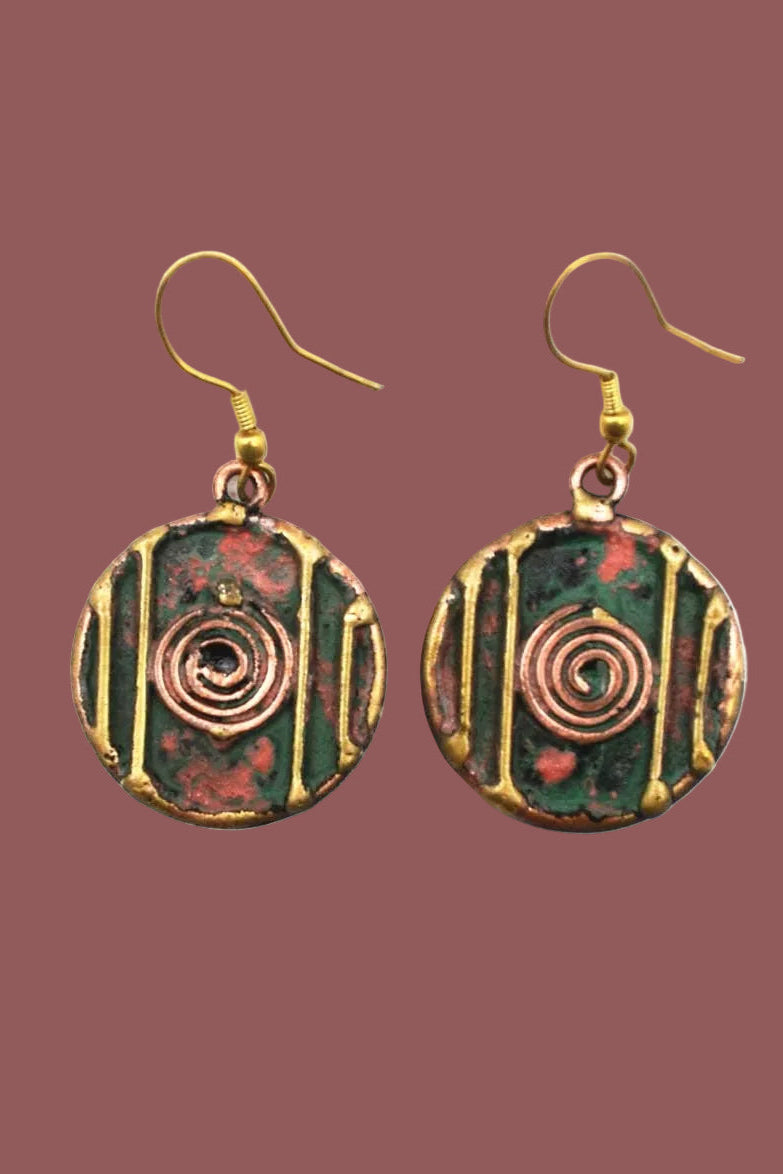 Brass and Copper with Red and Green Round Patina Earrings