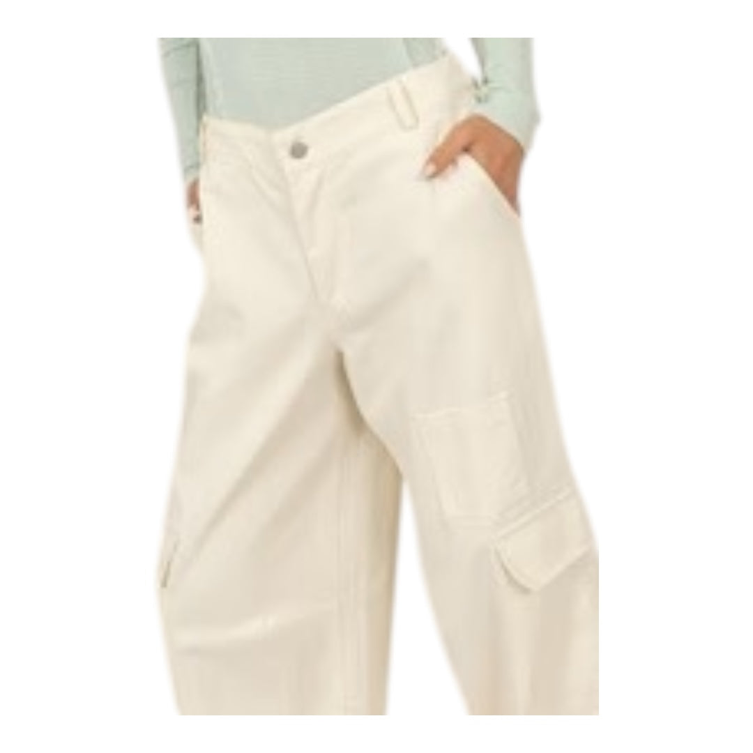 Cream Elastic Waist Wide - Leg Cargo Pants