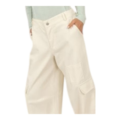 Cream Elastic Waist Wide - Leg Cargo Pants