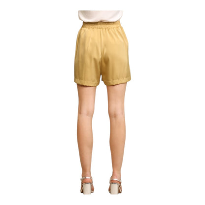 Golden Pleated Wide Leg and Elastic Waist Satin Shorts