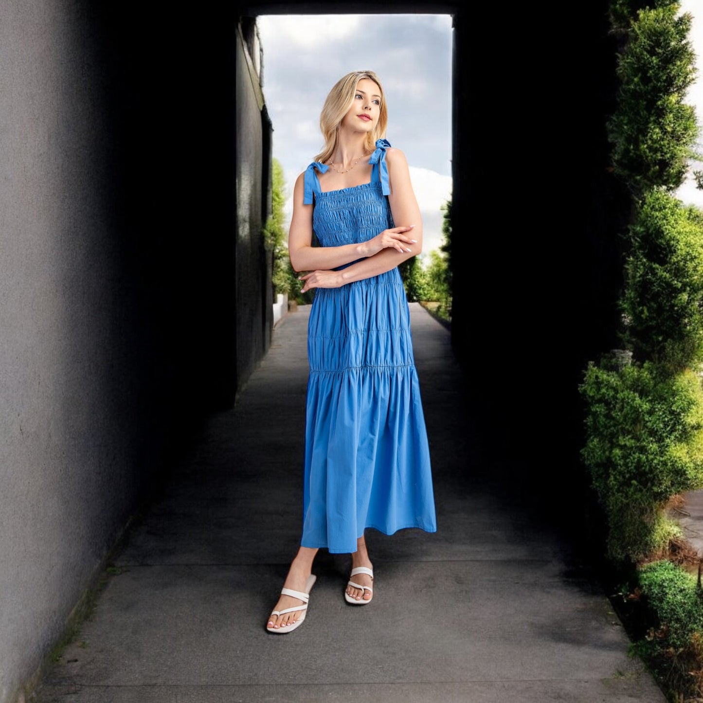 Smocked Maxi Dress with Shoulder Tie