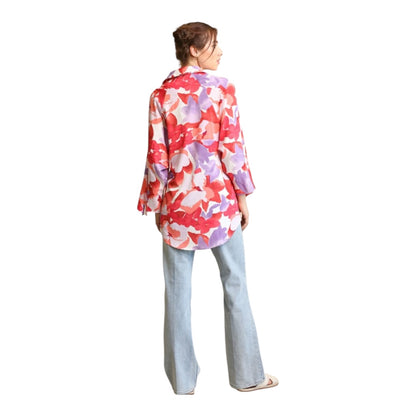 Dolman Sleeves Floral Print Button Down Shirt