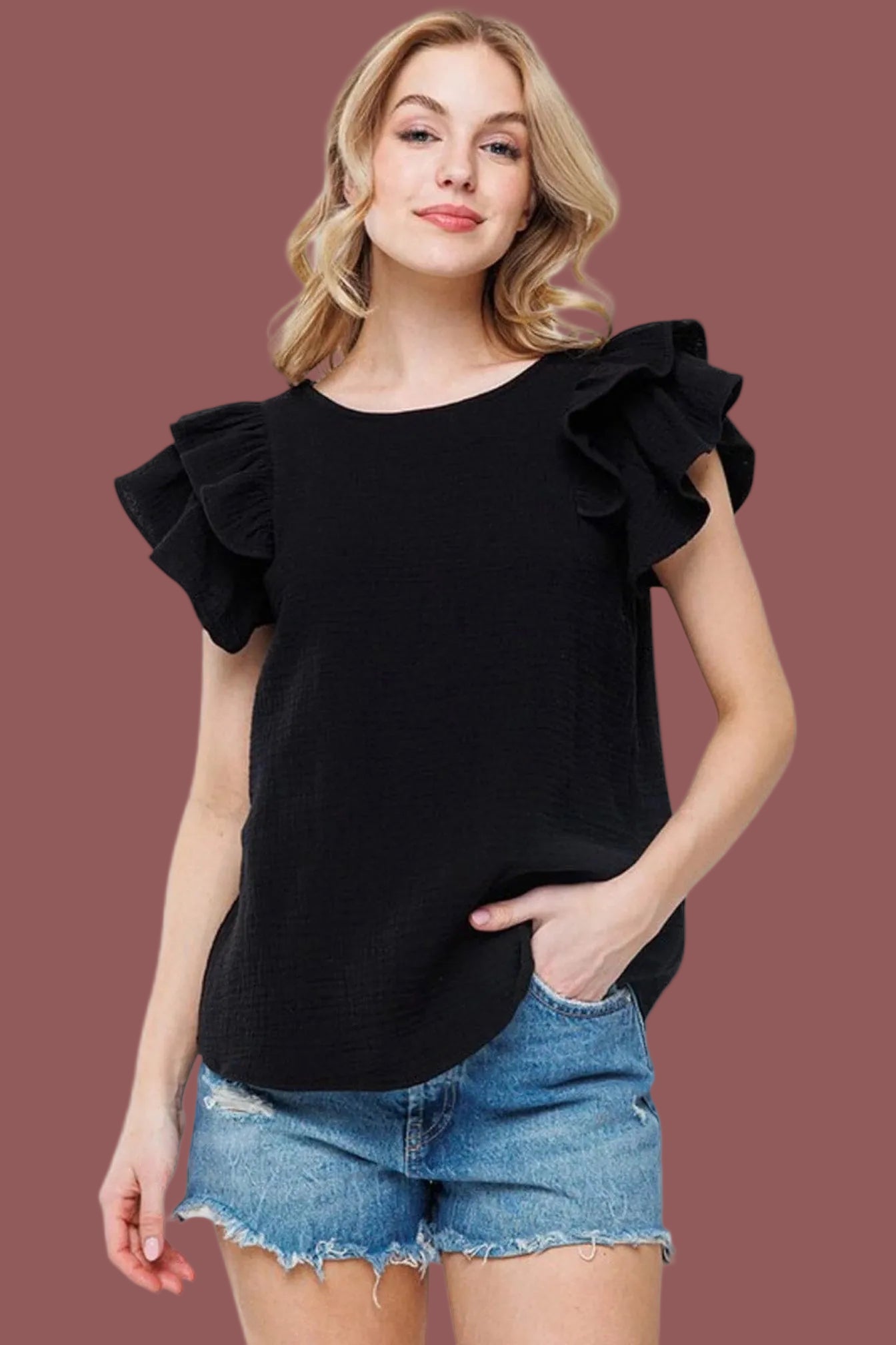 REVIVAL DOUBLE RUFFLE BLACK SHORT SLEEVE TOP