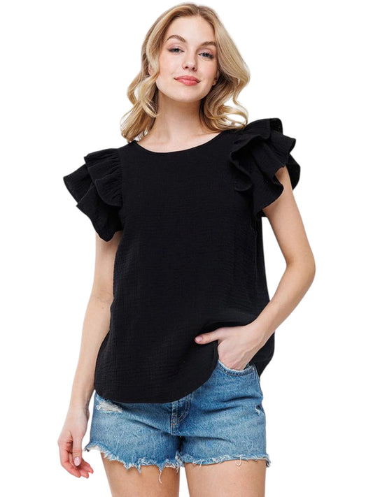 BLACK SHORT RUFFLE SLEEVE TUNIC TOP