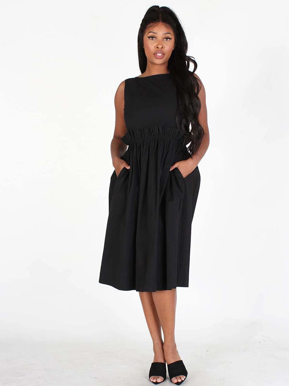 SLEEVELESS BACK BUTTON UP POCKETS FIT & FLARE MIDI DRESS