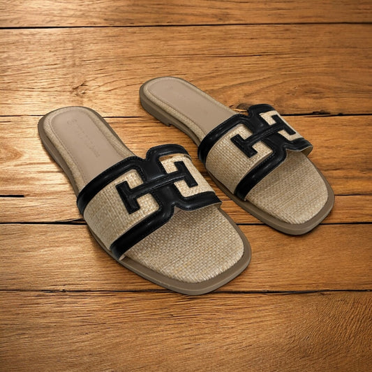 BLACK LEATHER LINE DESIGN RAFFIA SLIP-ON SANDALS