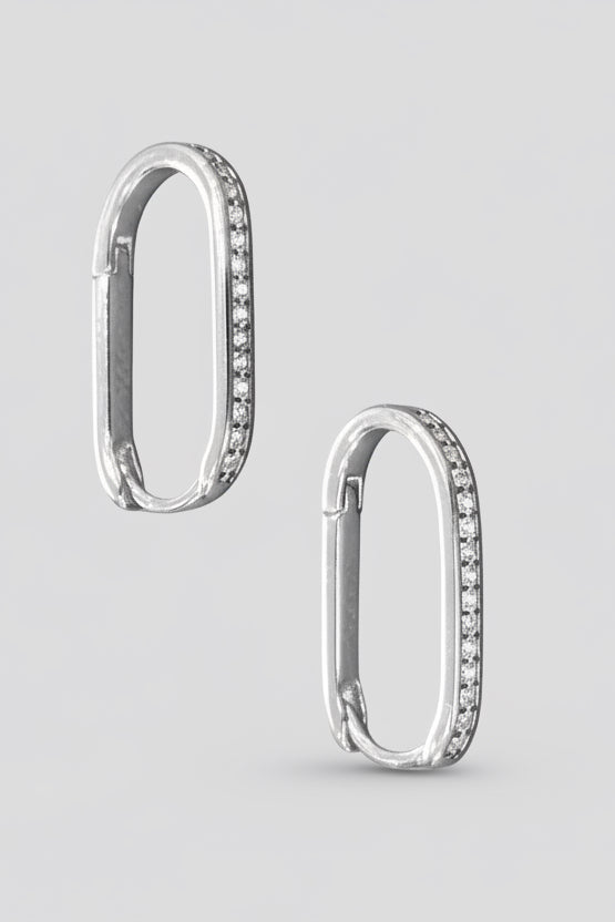 Silver Dipped Cz Pave Edge Oval Hoop Earrings