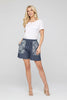 Denim and print pockets elastic waist shorts, back view