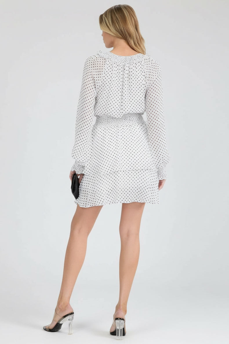 BLACK & WHITE PLOKA DOT SMOCK WAIST FIT & FLARE MINI DRESS