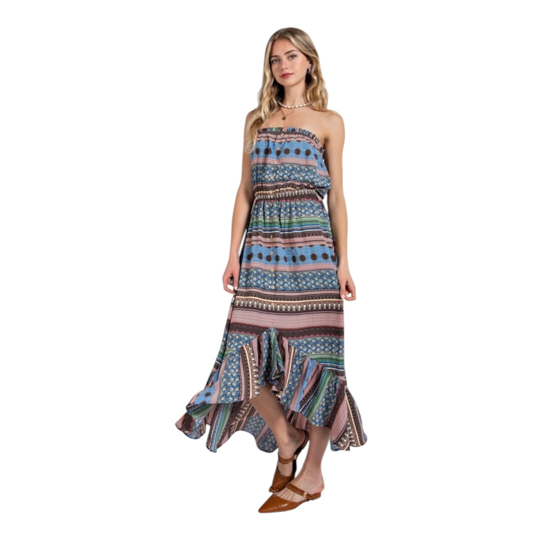 Gabby Sky Blue Mixed Print Button Detailed Tube Midi Dress