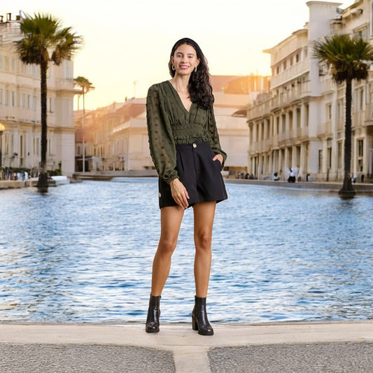 Pleated Wide Leg Button/ Zip Front Shorts with Pockets & Side Button Detail