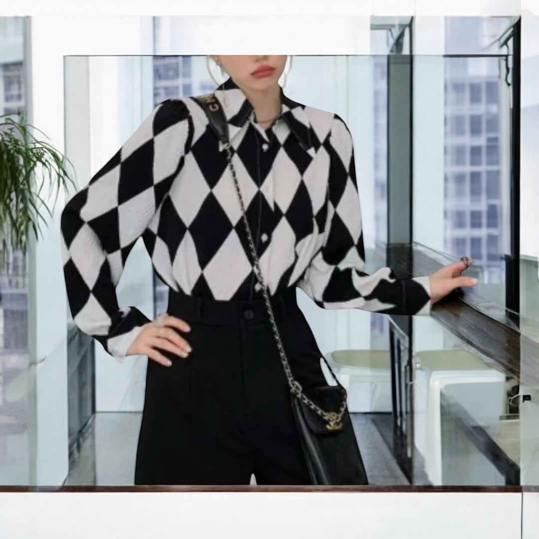 Black/ White Diamond Shape Long Sleeve  Button Down Blouse