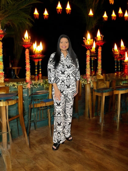 Black & White Botanical Button Down Top Wide Leg Two-Piece Set