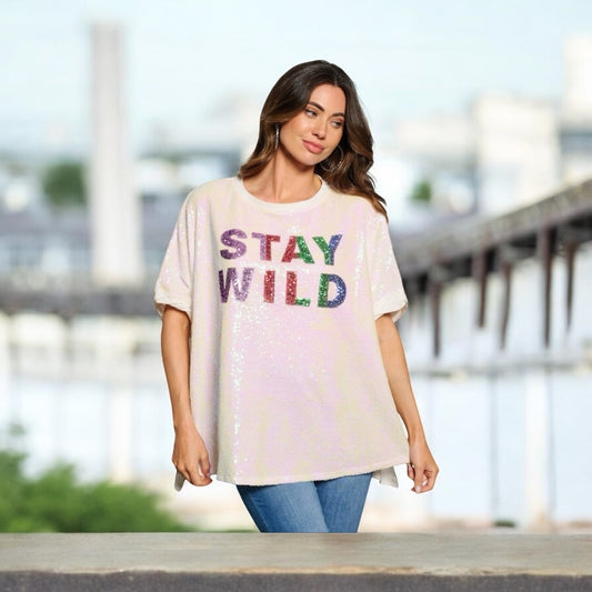 STAY WILD SEQUINS GRAPHIC BLOUSE TOP