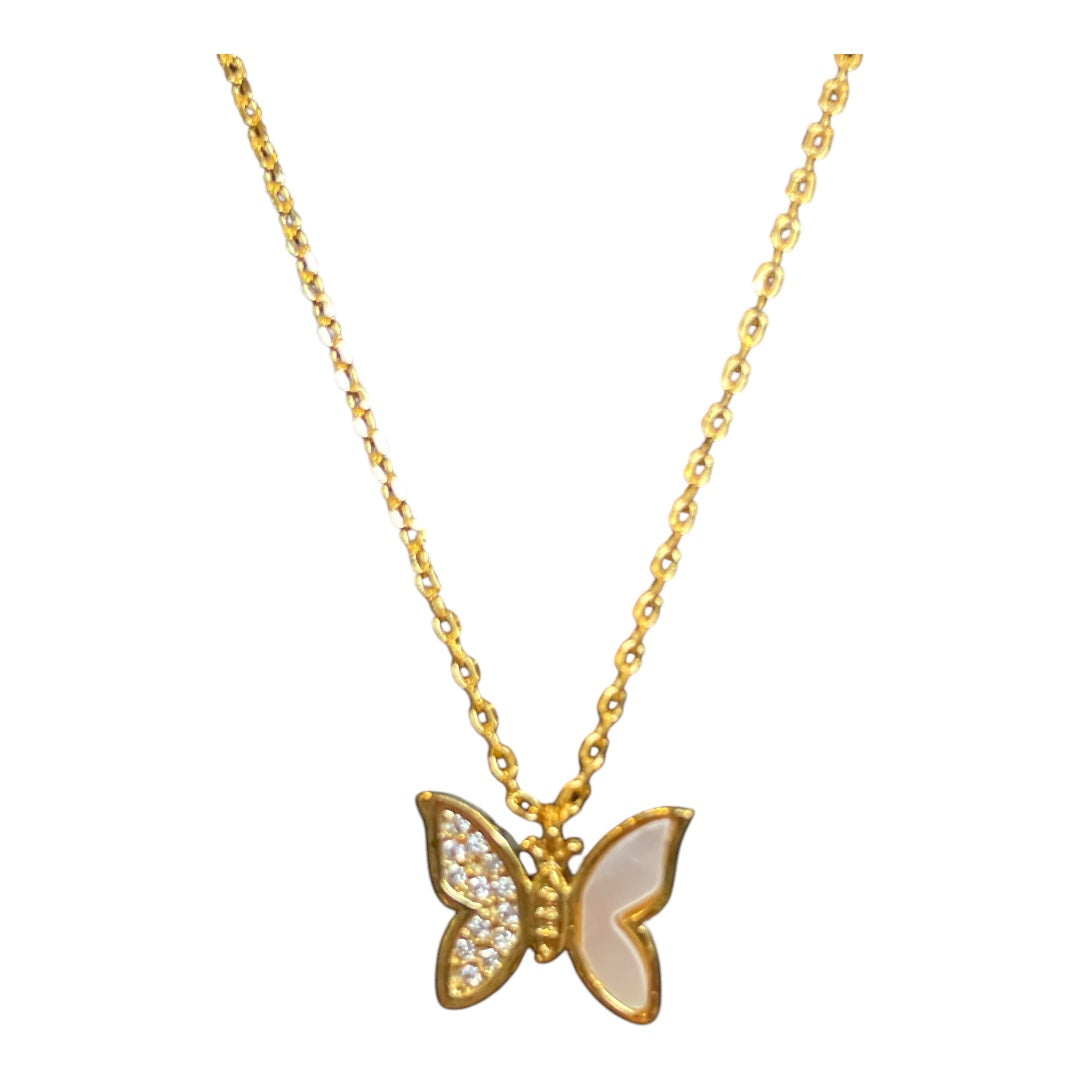 Gold Dipped Shell And Cz Pave Butterfly Pendant Necklace