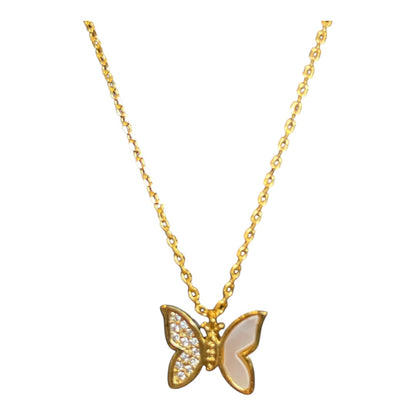 Gold Dipped Shell And Cz Pave Butterfly Pendant Necklace