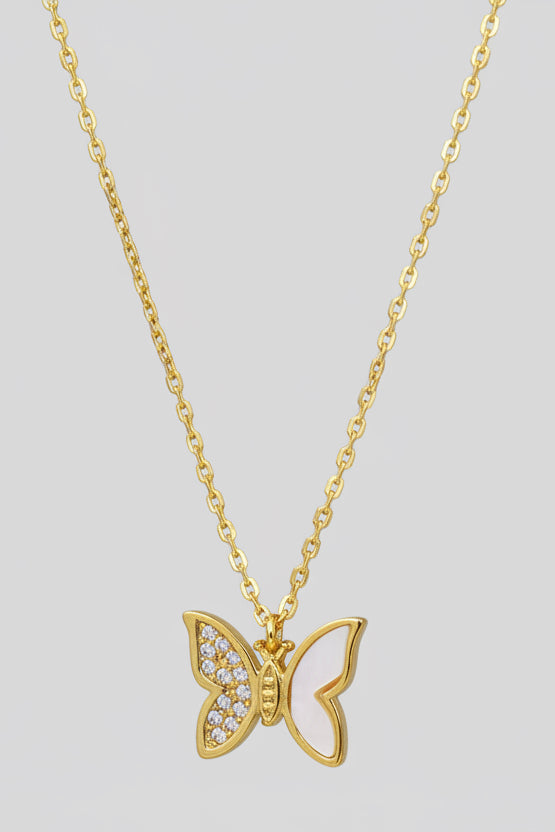 Gold Dipped Shell And Cz Pave Butterfly Pendant Necklace