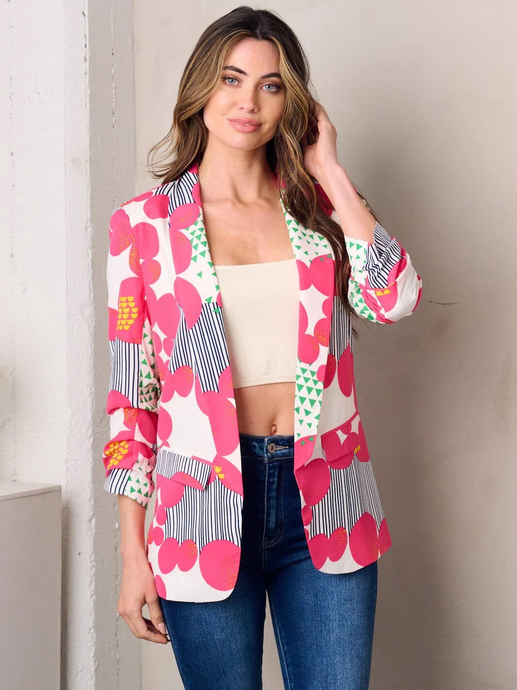 PINK MULTI COLOR OPEN FRONT 3/4 SLEEVE BLAZER