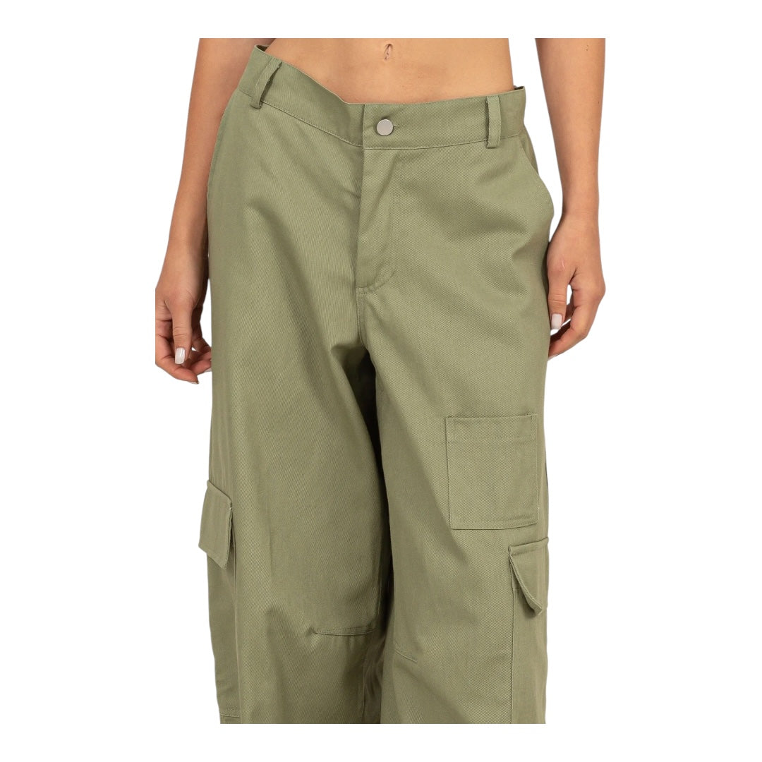 Olive Green Elastic Waist Wide - Leg Cargo Pants