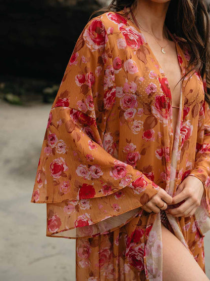FLORAL RUFFLE SLEEVE OPEN FRONT FLORAL KIMONO/ SWIM COVERUP
