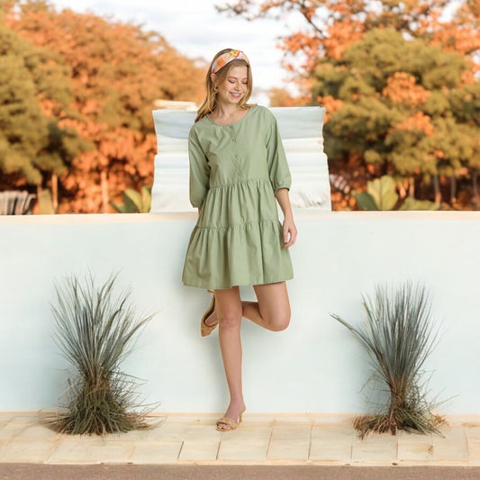 Half Button 3/4 Sleeve Tiered Shirt Dress