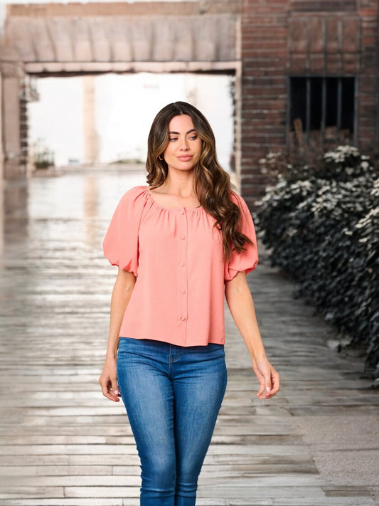 PEACH SHORT PUFF SLEEVE BUTTONS BLOUSE TOP