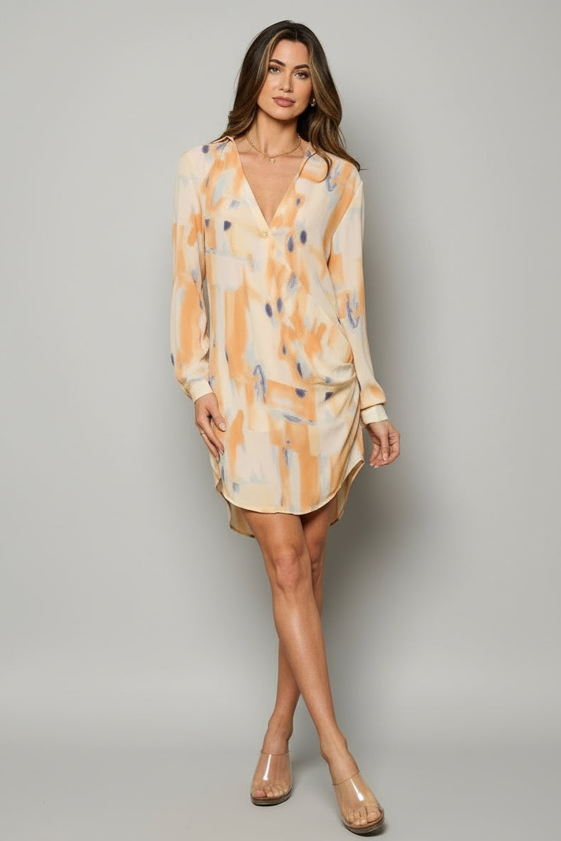 MULTI COLOR LONG SLEEVE V-NECK SURPLICE  MINI DRESS