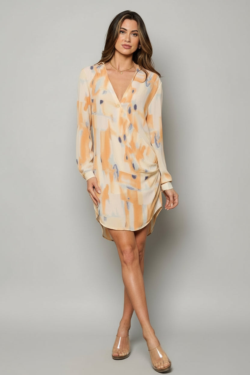Colorful surplice V-neck mini dress with long sleeves