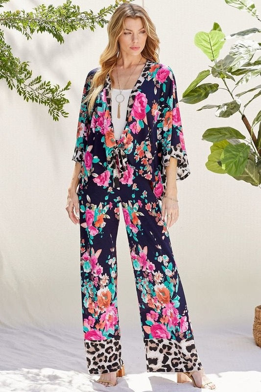 FLORAL AND LEOPARD MIX PRINT KIMONO PANTS RESORT SET