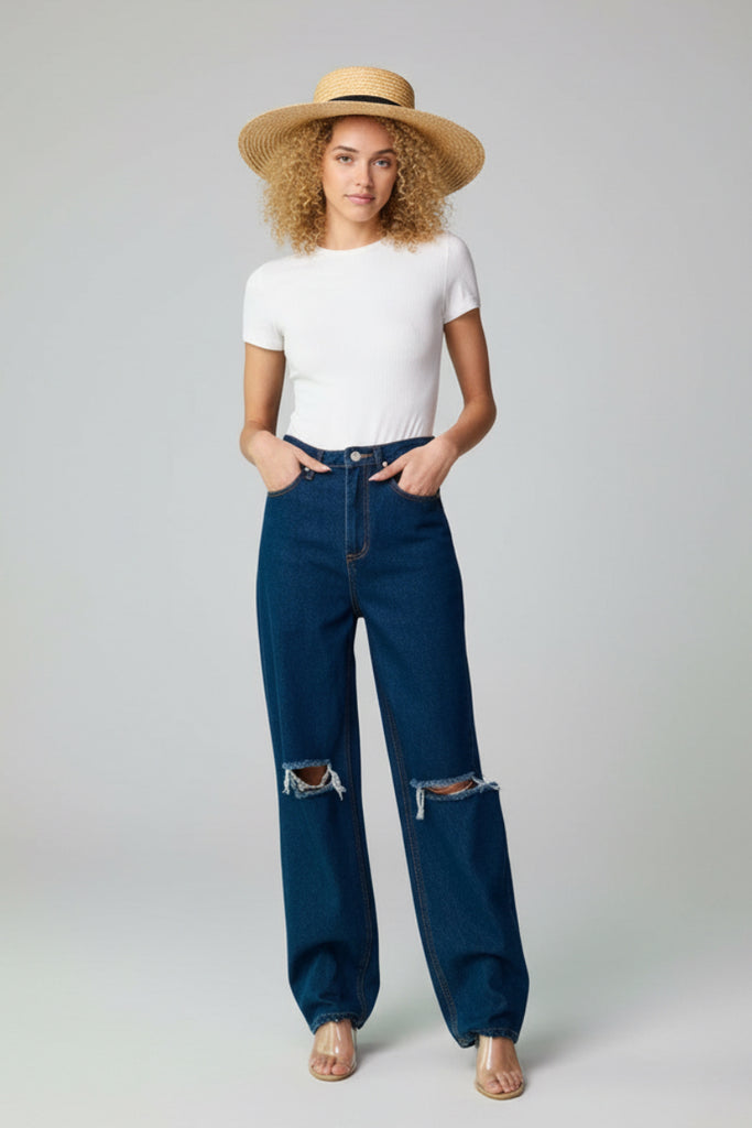Dark indigo ripped wide leg boyfriend jeans